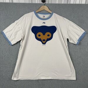 Chicago Cubs Shirt Mens XL White Blue Majestic MLB Baseball Bear Logo Ringer
